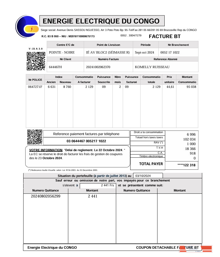 Congo Energie Electrique Du utility bill